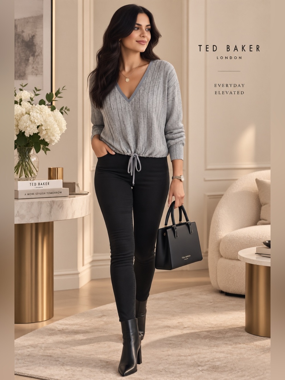 Ted Baker Gray V-Neck Drawstring Sweater - Women's Casual Pullover ✨🍁